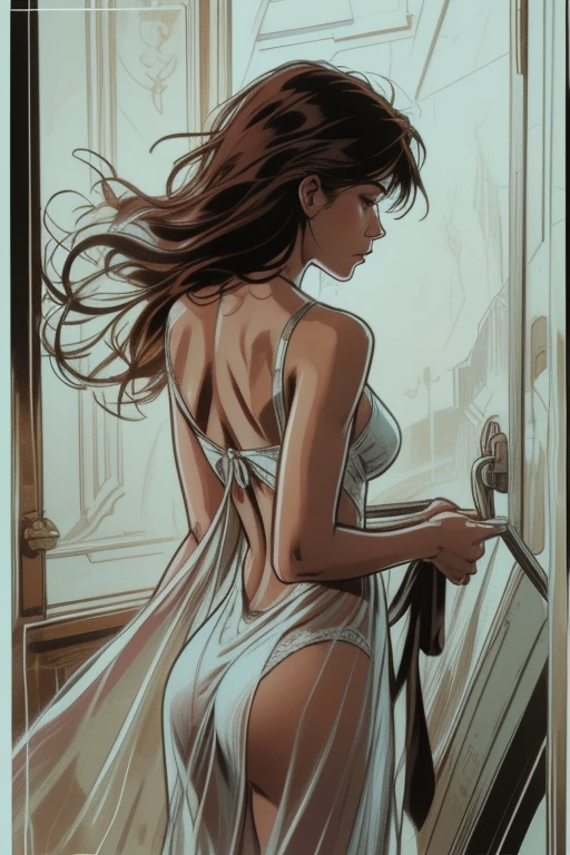 eroticism, sexy, transparent nightgown, luxurious room, open terrace with views of the landscape, tmari, sketch, traditional media, pen drawing, white background (art inspired by Bill Sienkiewicz). oil painting)