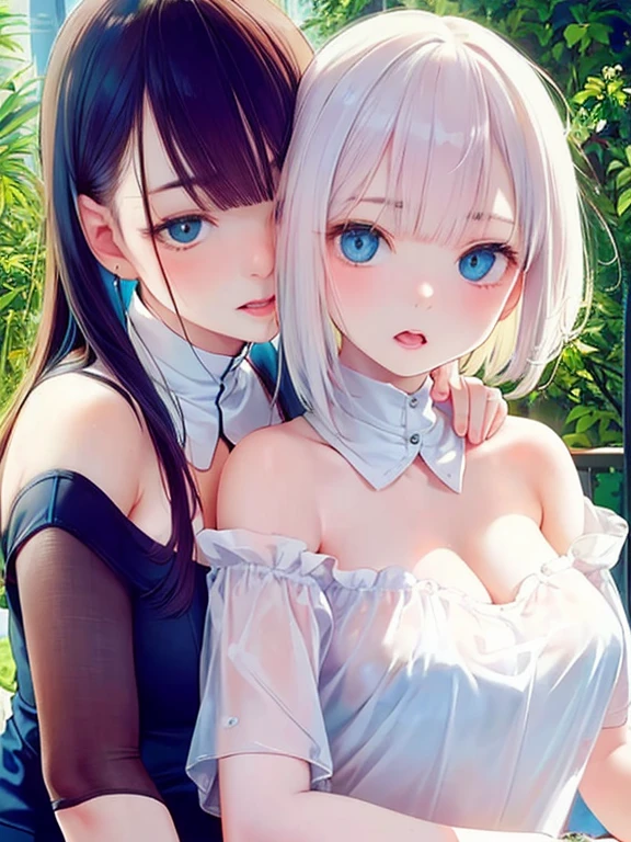 Masterpiece, Top Quality, (2 Girls:1.3), Big Tits, Gray Eyes, Romance Gray Hair, Messy Hair, BRAKE, Khaki Hair, Khaki Eyes, Messy Hair, giggle, Gray Underwear, Upper Body, Leaning Forward, (Cleavage:1.2), Cute, Upward Look, Sweet, Blush Upper body, close-up of upper body, (close-up of breasts:1.2), late at night, bedroom, on bed