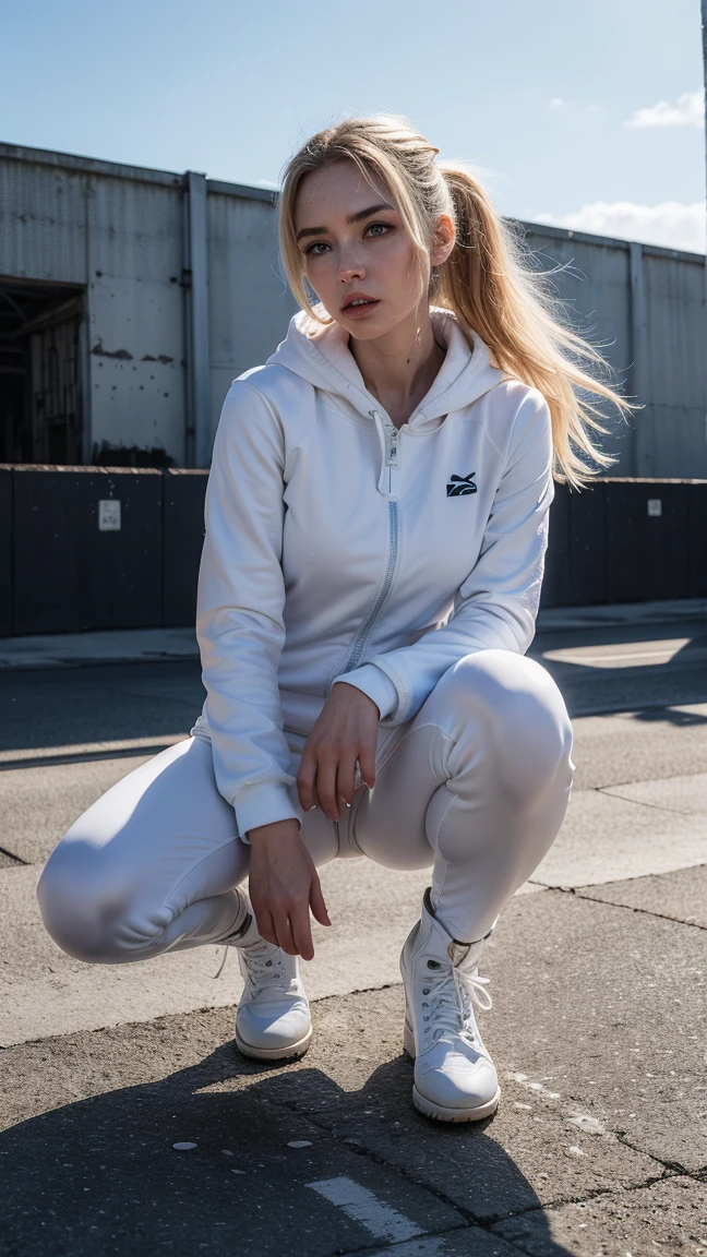 1 malay woman with plain hijab. cute smile. beautiful face. Big . wear a safety helmet. wear a hoodies with named "AYU"  light white legging.  evening  view. beautiful photo 4k remastered. walking at scaffold area
