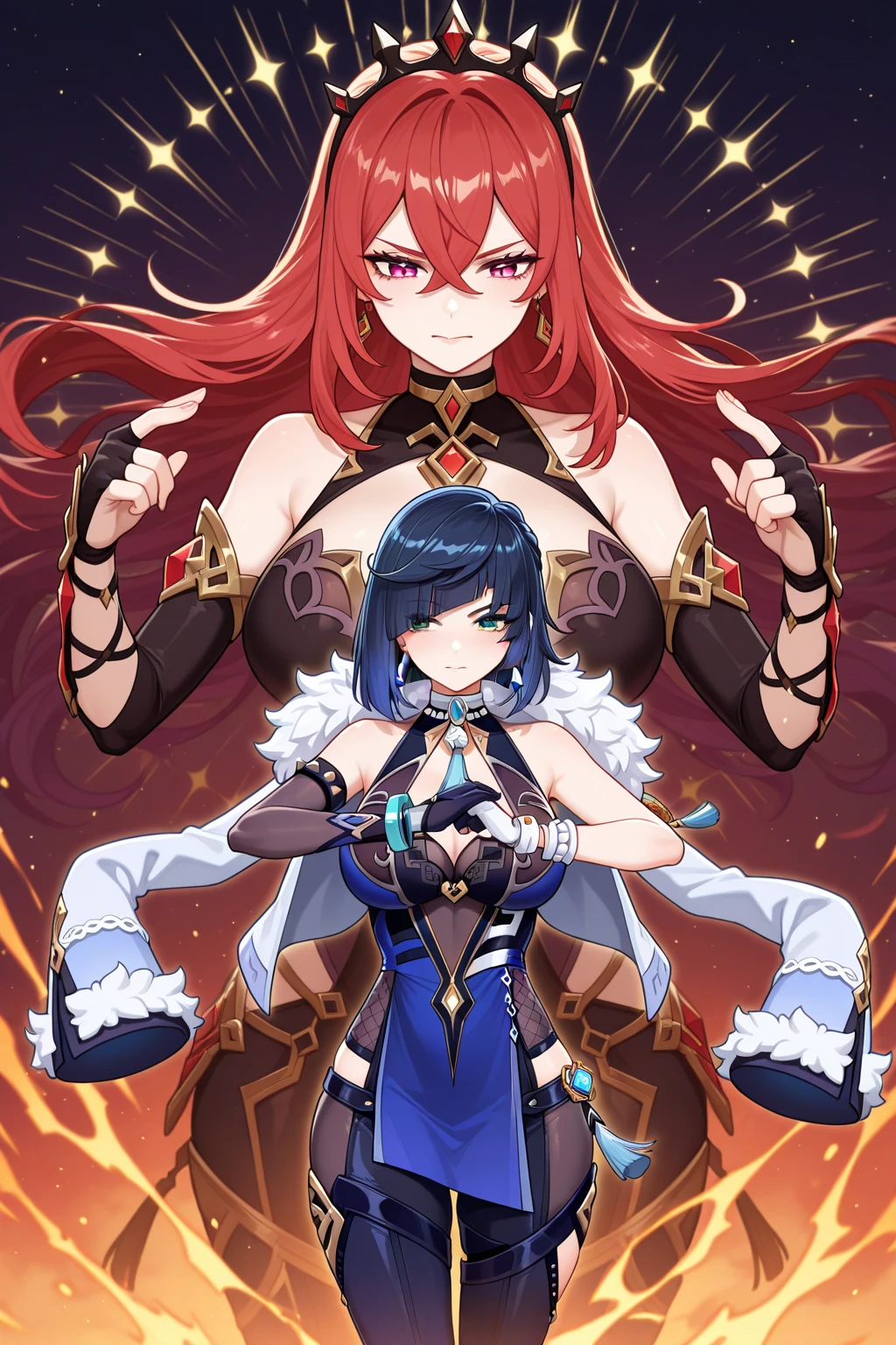 beautiful,red head, Dragon girl, black and gold dress, blue flaming sword, pose