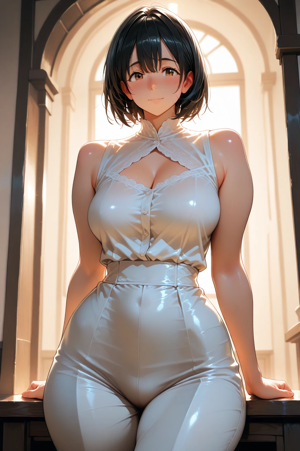 （（（完美figure，figure，solo， White and tender skin，（（（Cyberpunk，black shirt，bike shorts，long sleeves，waist apron，toeless footwear，black thighhighs））），（（（TsunadeLora,short hair，brown hair，facial mark，brown eyes，））），((masterpiece)),high resolution, ((Best quality at best))，masterpiece，quality，Best quality，（（（ Exquisite facial features，Looking at the audience,There is light in the eyes，(（（Smile，confidence））），型figure:1.7））），（（（Light and shadow，Huge breasts））），（（（Looking at the camera，black background，Bend forward)）））