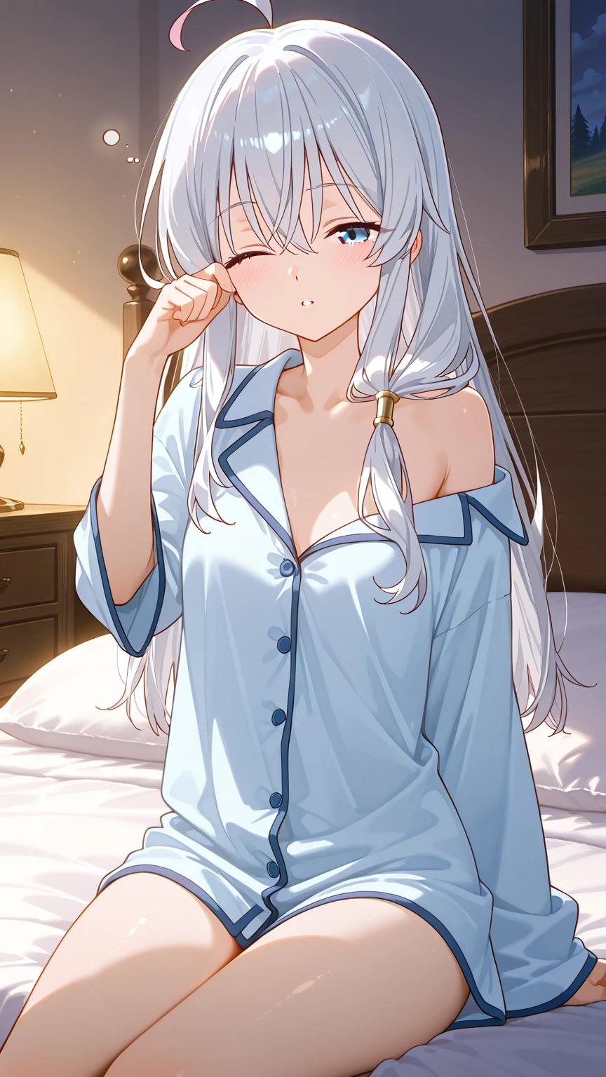 A woman with big ，Beauty，Silver long hair，Very transparent，(Super short)Nightdress，weak，bedroom，Sexy，(nsfw:0.8)，