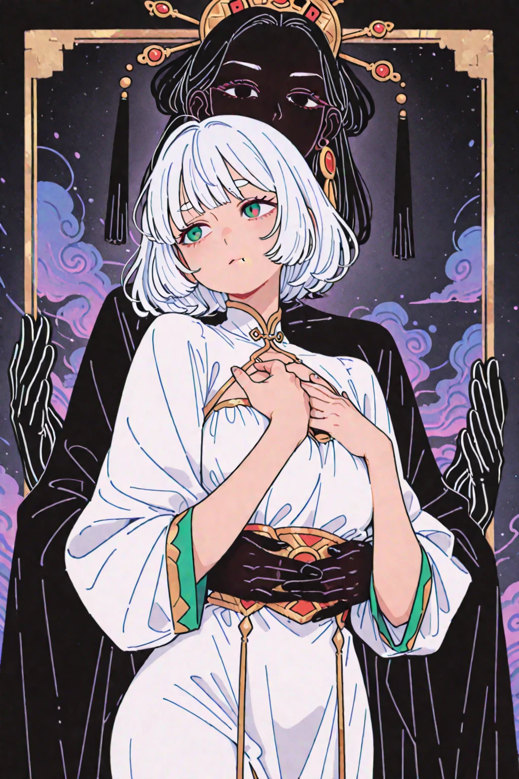 Ukiyo-e style Charles Robinson, Frank Pape, Kay Nielsen, surreal wondrous strange Whimsical absurderes fanciful Sci-Fi Fantasy Sphere mythology. Portrait of goddess holding a sword. Melting makeup