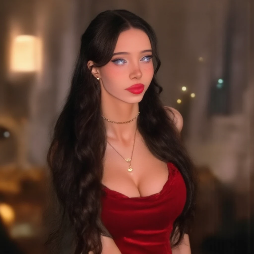 Sexy woman, close up, fine detail, black hair, single braid, long forehead, happy eyes, medium nose, perfect red lips parted smiling, deep blush, red maxi dress, bedroom, grey walls, night time