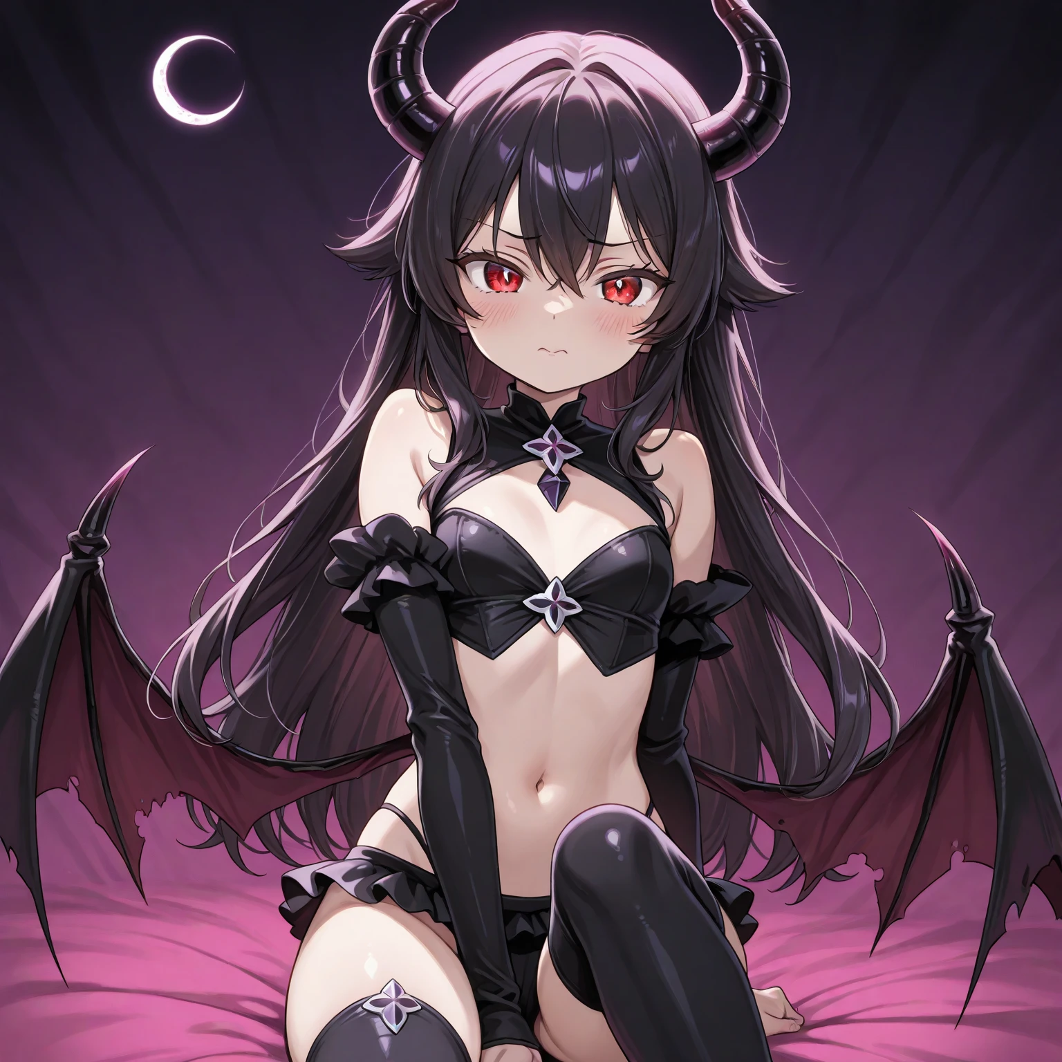 Demon girl with red skin, black horns, completely black eyes, straight black hair, muscular, purple eyes, demon tail