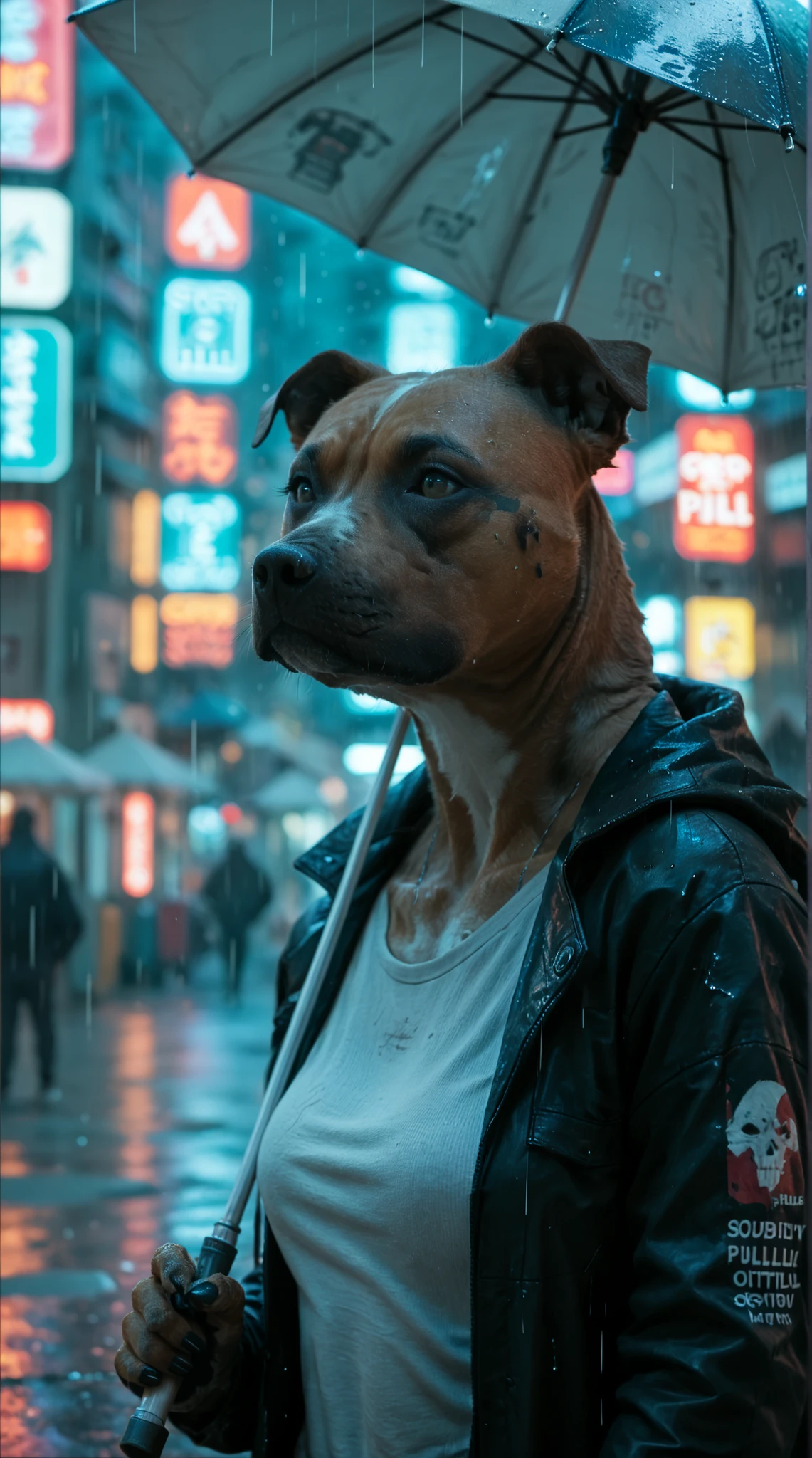 ((anthro)) ((pitbull)) woman holding an umbrella. Set against a rainy street filled with neon signs. cyberpunk style, gritty, close up shot