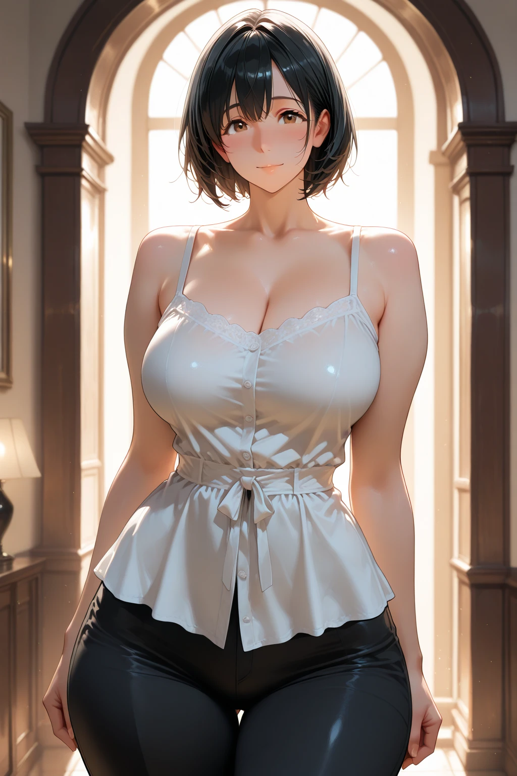 ((((masterpiece, best quality, high resolution)))), Extremely detailed 8K, Beautiful girl with voluptuous body, (Ultra HD, Ultra-detailed, Highly detailed, Highly realistic, Ultra-realistic, photograph realistic), (1girl:1.5), (Realistic black hair), (short wavy hair, hair ornaments, earrings), (dynamic poses), facing at camera, looking at viewer, (blushing red, embarrassed, exhausted, smile), (green eyes, sharp eyes), (massive perky breasts:1.2), (beautiful detailed face, beautiful detailed eyes), ((white sheer camisole, black panties)), (detail pussy), (standing up:1.3), sweat, glow, (nightlight), ((cowboy shot)), bedroom, seductive