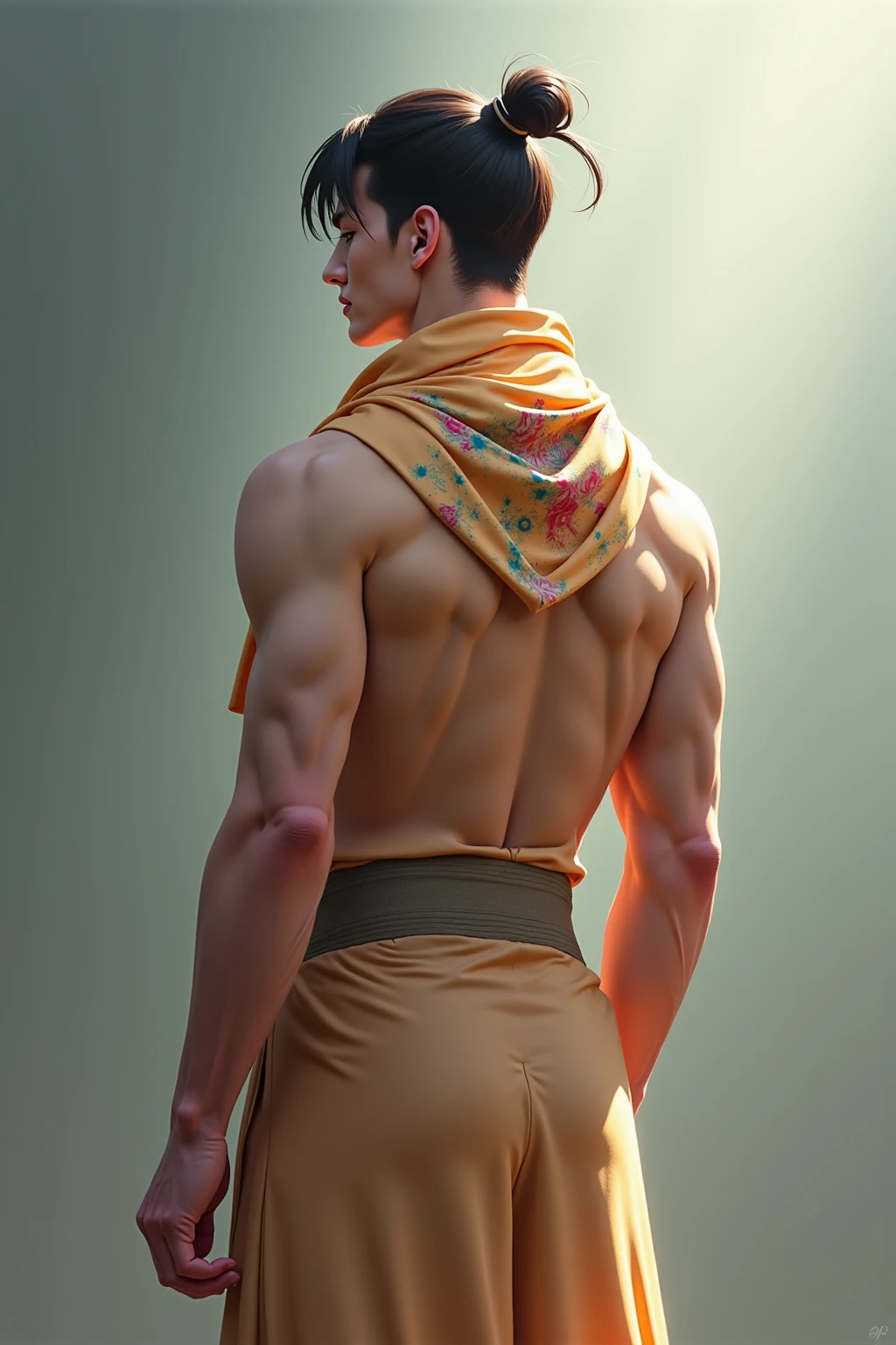 back view, demon back, back, full body in image, simple hair, full naked man, naked body, male body, harem pants, short hair, slender body, hot body, sexy male body, dinamic pose, six patch. detalied pose, body, simple background, expressive face, focus on face, line art, sketch
