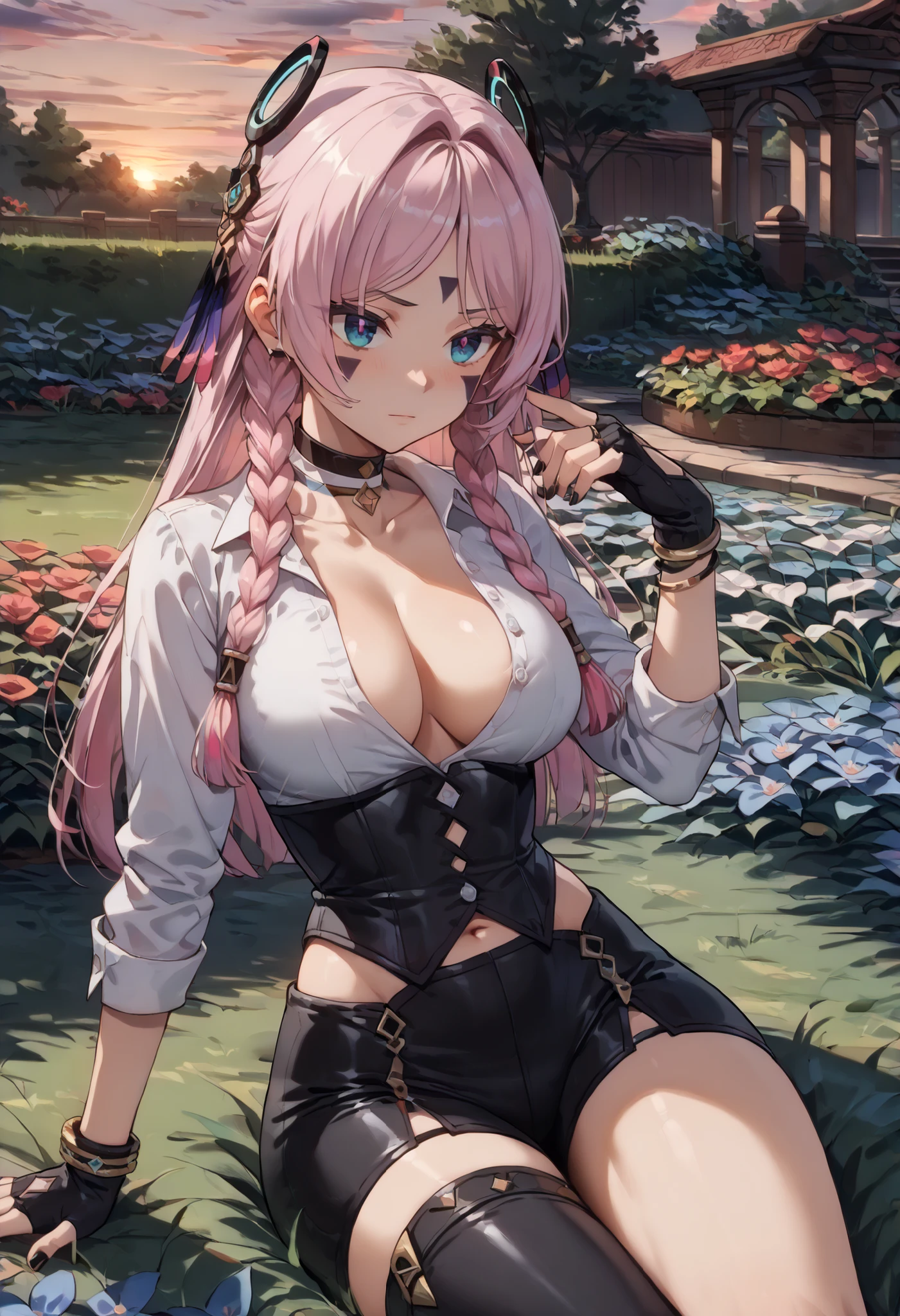 Mitsurikan Logi, Mitsuri Kanroji, Braid, gradient hair, (green eyes:1.5), green hair, long hair, mole, mole under the eyes, colorful hair, pink hair, Twin Braids, two tone hair,
brake belt, 黒のskirt, cleavage, coat, demon slayer uniform, Haori, generally, long sleeve, ミニskirt, partially unbuttoned, プリーツskirt, skirt, uniform,
break looking at viewer,
rest indoors,
break (table top:1.2), highest quality, High resolution, unity 8k wallpaper, (figure:0.8), (detailed and beautiful eyes:1.6), highly detailed face, perfect lighting, Highly detailed CG, (perfect hands, perfect anatomy),colorful hair, The whole body is reflected, (off shoulder costume:1.5), ((chest wide open and exposed)), (smile),