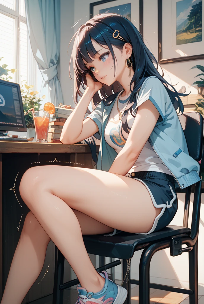 Ultra HD、super high quality、masterpiece、detailed、8K、The place is your room、Sitting and listening to music on headphones、studying、15-year-old high school girl、The high school girl is Russian and has long black hair.、Has blue eyes、She has a flower tattoo and a glamorous figure.、The clothes she's wearing are one-piece dresses.、Black lace stocking on the left leg only、Pretty sexy、Lo-Fi images