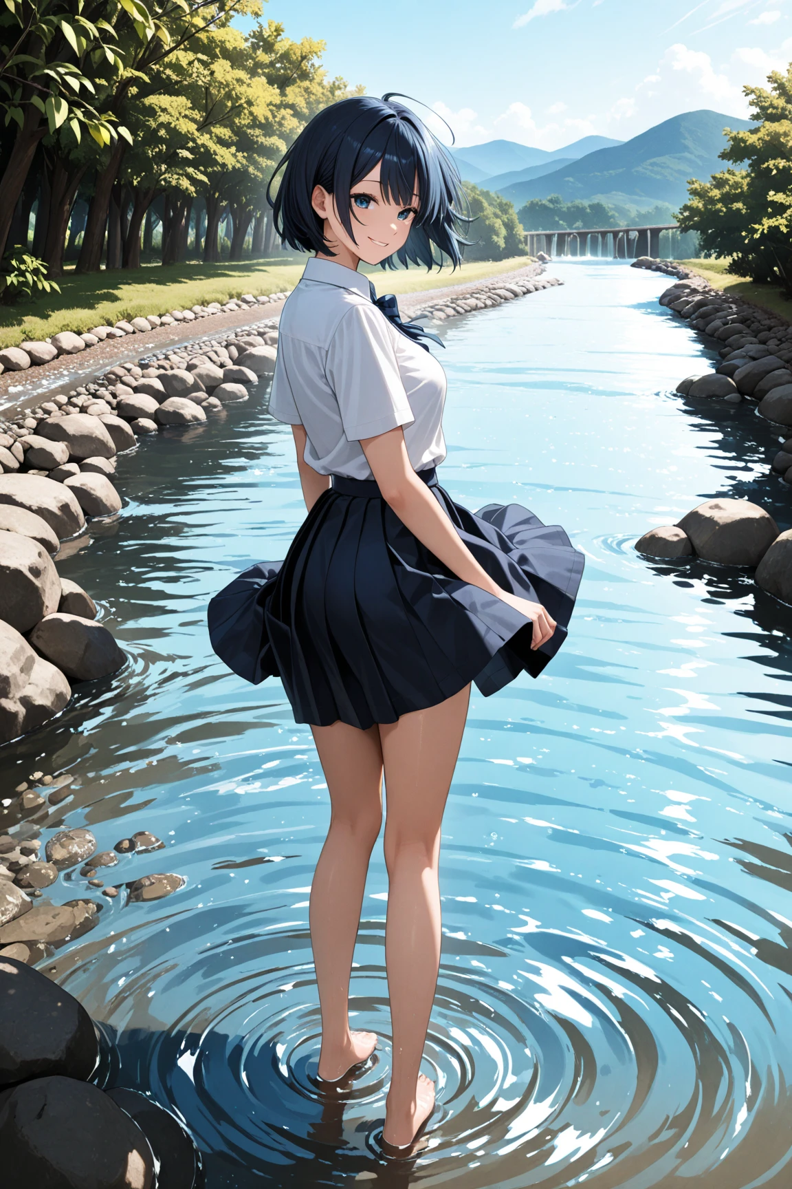(Highest quality, masterpiece, Ultra-high resolution, (Photorealistic:1.4), RAW Photos),One girl,chool uniform,(wet:1.1), short sleeve,no skirt ,show off hip,no panties,no bra,(Very short black hair, Amazingly cute face, Very beautiful big black eyes)), Very lean body, Very flat and beautiful Massive Breasts and a beautiful ass,blush,Showcasing cleavage, legs, stretch legs, hip,spread legs, (back pose:1.3),View Viewer, Detailed face, Fine grain, Detailed Hair, Detailed body, Thigh details,