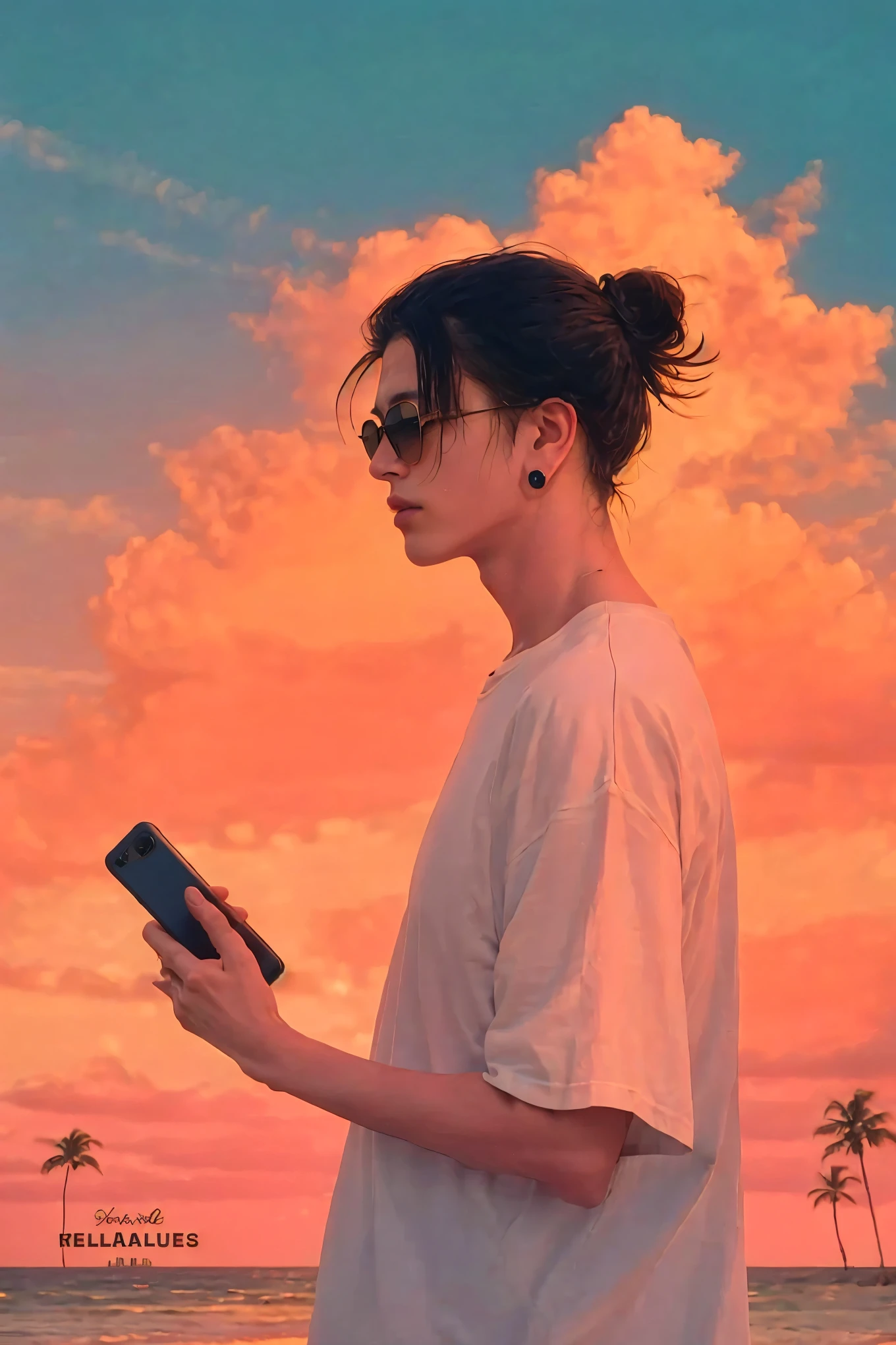 > A hyper-realistic cinematic photograph of a young man with a man bun and black ear gauges standing at the beach during golden hour sunset. He is wearing dark round sunglasses and a loose white oversized t-shirt. He holds a smartphone in one hand and looks into the distance with a calm, relaxed expression. His hair is slightly messy, blowing subtly in the breeze. The sky behind him is filled with dramatic orange and pink sunset clouds, reflecting beautifully off the calm ocean water. Palm trees are seen in the background. The image is shot with a DSLR camera, using a 35mm lens, shallow depth of field, soft bokeh, natural lighting, realistic shadows, and skin texture. The overall mood is peaceful, cinematic, and emotionally warm — like a movie still.