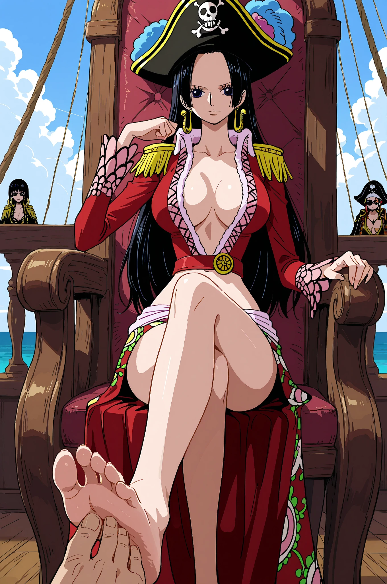best quality, masterpiece, very detailed,1girl, ((rose)), (vine),, (Light detail), boa hancock,, (masterpiece) illustration:1.5), detailed photo, smile taunt, (8k, best quality: 1.4), (1 sexy girl), beautiful face, (anime face), (gorgeous black hair, long hair: 1.3), beautiful hairstyle, bright ocean blue eyes, Beautiful detailed eyes,, Beautiful skin, huge detailed chest, visible abs, high resolution, sit in a throne,