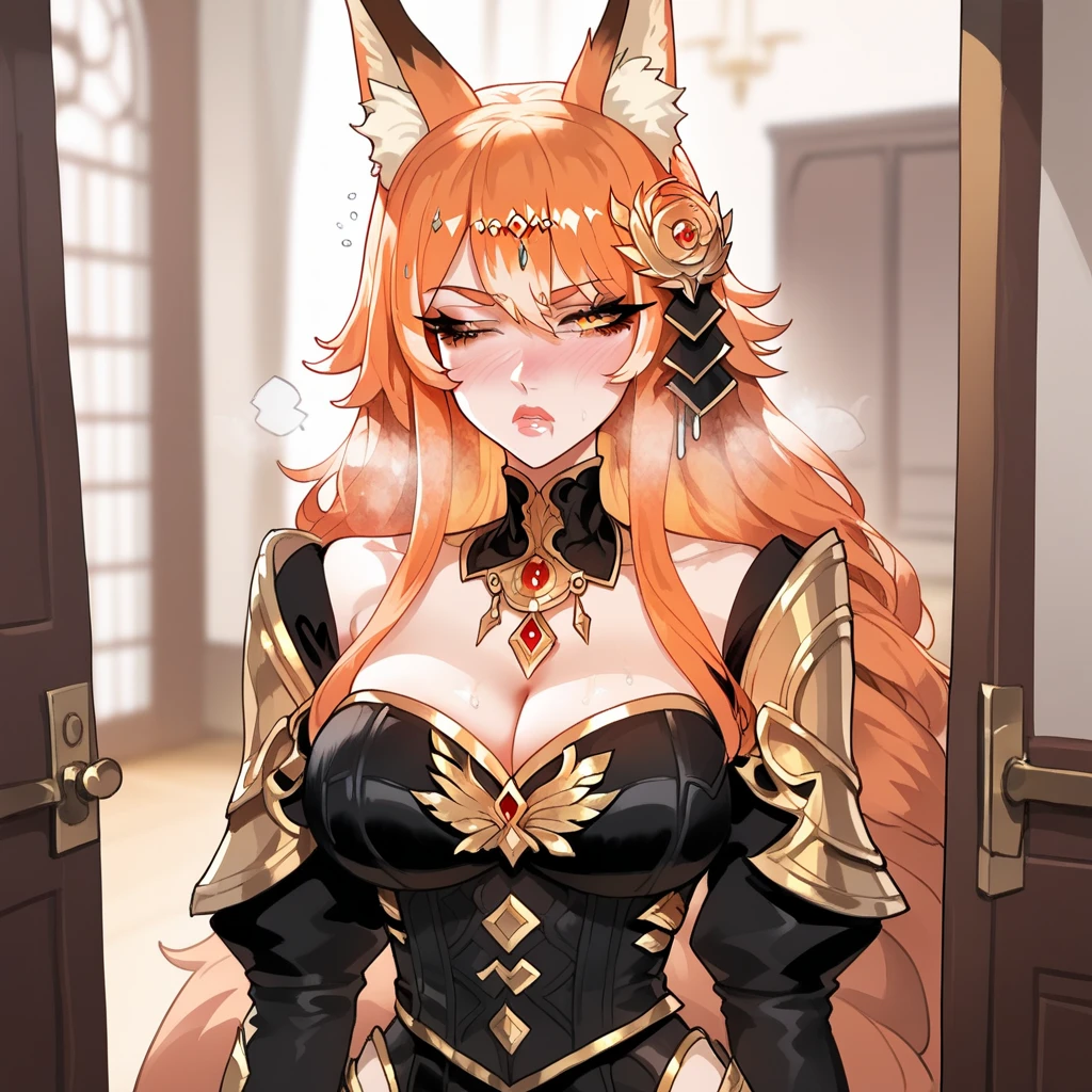 female, sfw, ballroom, slender, voluptuous build that accentuates her curves, warm sun-kissed skin, orange-red hair, loose hair, flowing wavy hair, long hair, golden amber eyes, almond-shaped eyes, thick eyelashes, mischievous look, large perky breasts, fitted bodice of an emerald green dress, short pleated skirt, toned legs, low neckline, pale skin, choker on neck, confident, orange fox ears, orange fox tail, white-tipped tail