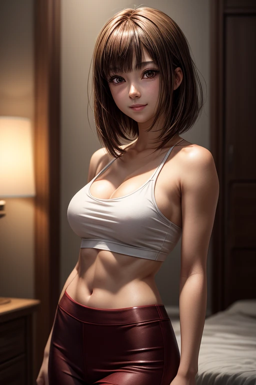 ((Best Picture Quality, 8k, tmasterpiece:1.3)), 1girl, Beautiful woman with slender abs:1.3, (Casual hairstyle, No leakage of big breasts:1.2), shift dresses:1.1, Ultra-fine face, A detailed eye, 二重まぶた，ssmile，workout