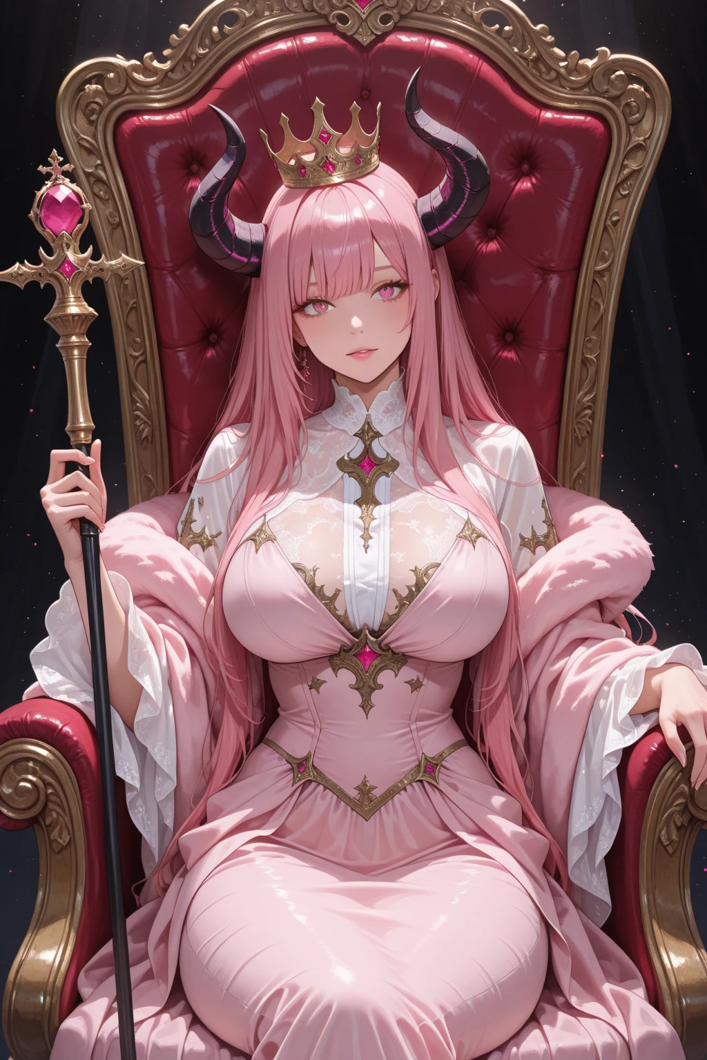 1 confident woman with floor-length pink hair, huge and big breasts, Futuristic royal costume in white with black and gold details, tall woman, blue detailed eyes, sitting on the throne of skulls , judgmental look, golden metal skulls, sovereign pose, cyberpunk queen