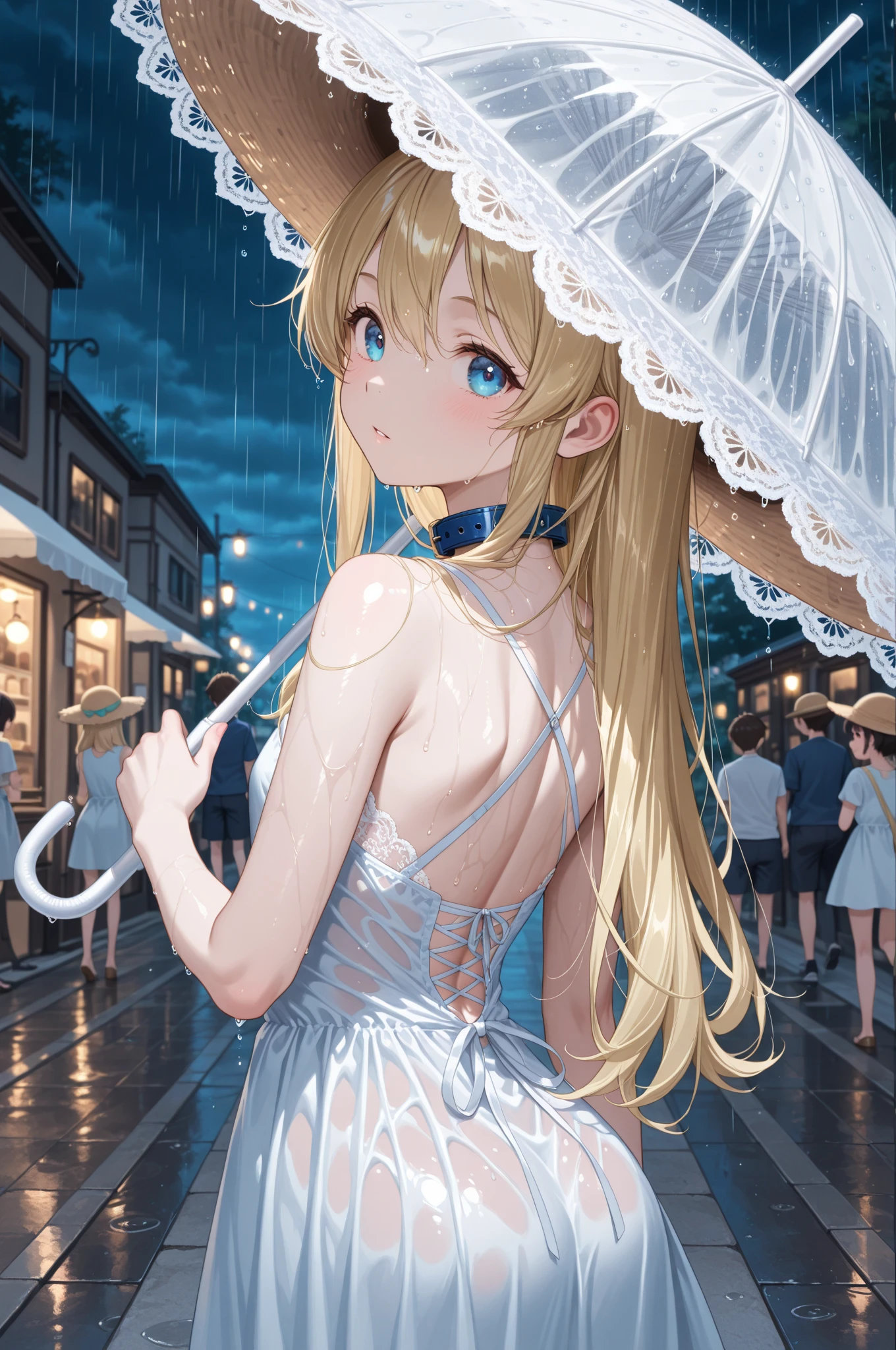 ((Best Quality, 8K, Masterpiece:1.3)), Focus:1.2, Perfect Body Beauty:1.4, Buttocks:1.2, (Layered Haircut:1.2)), (Rain, Street:1.3), Bandeau Dress:1.1, Highly Detailed Face and Skin Texture, Delicate Eyes, Double Eyelids, Whitened Skin, Long Hair, (Round Face: 1.5)