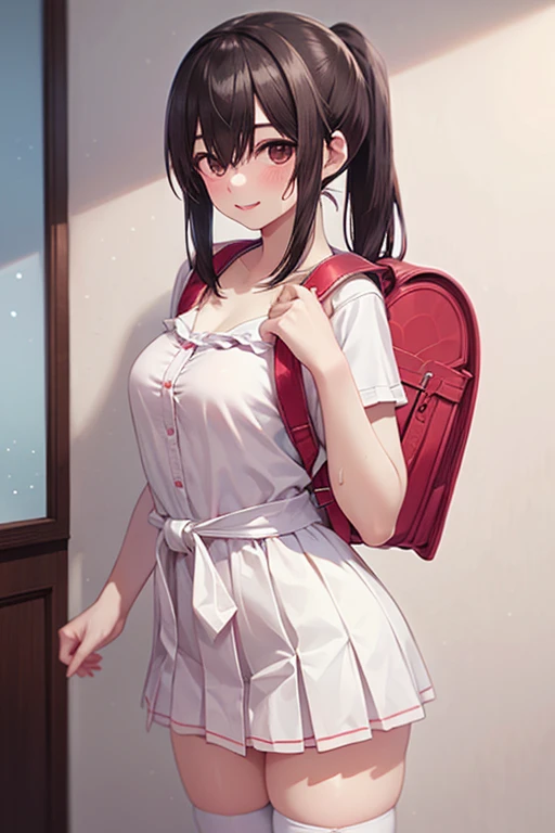 A little girl with a backpack on her back,grin,adolable,naïve ,anime big breast,IP role,The background is school,Fountain pool --auto