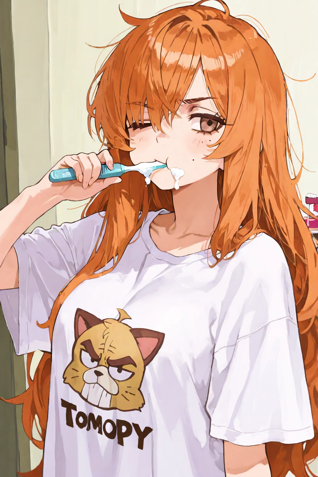20 year old female, long orange hair, messy hair, ponytail, perfect eyes, perfect blue irises, perfect pupils, thick thighs, oversized shirt, black shorts, many ear piercings, eating popsicle, sweaty, blushing, summer, apartment, otaku, standing in front of window, highly detailed, best detail, best hands, right forearm tattoo, perfect tattoo, perfect hands, perfect fingers, perfect anatomy