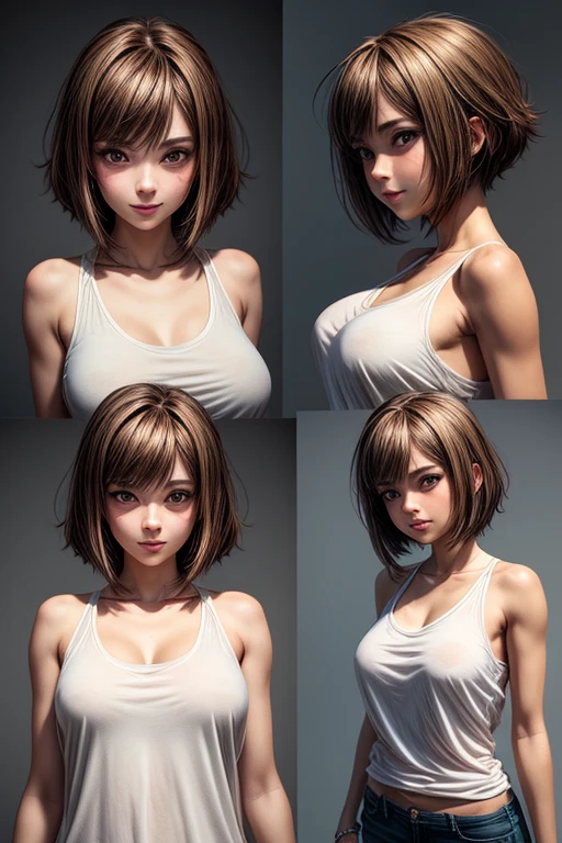 A flirtatious, provocative smile,One female、Beautiful light brown hair,tattoo、Rock T-shirt,Ripped jeans,slenderbody,Live Studio,Ultra-high resolution, Accurate, Super detailed, Textured skin, High detail, highest quality, 8k, Detailed Hair,Detailed eyes,Focus on the face,Depict the figure from the waist up,rockstyle,Bitch,