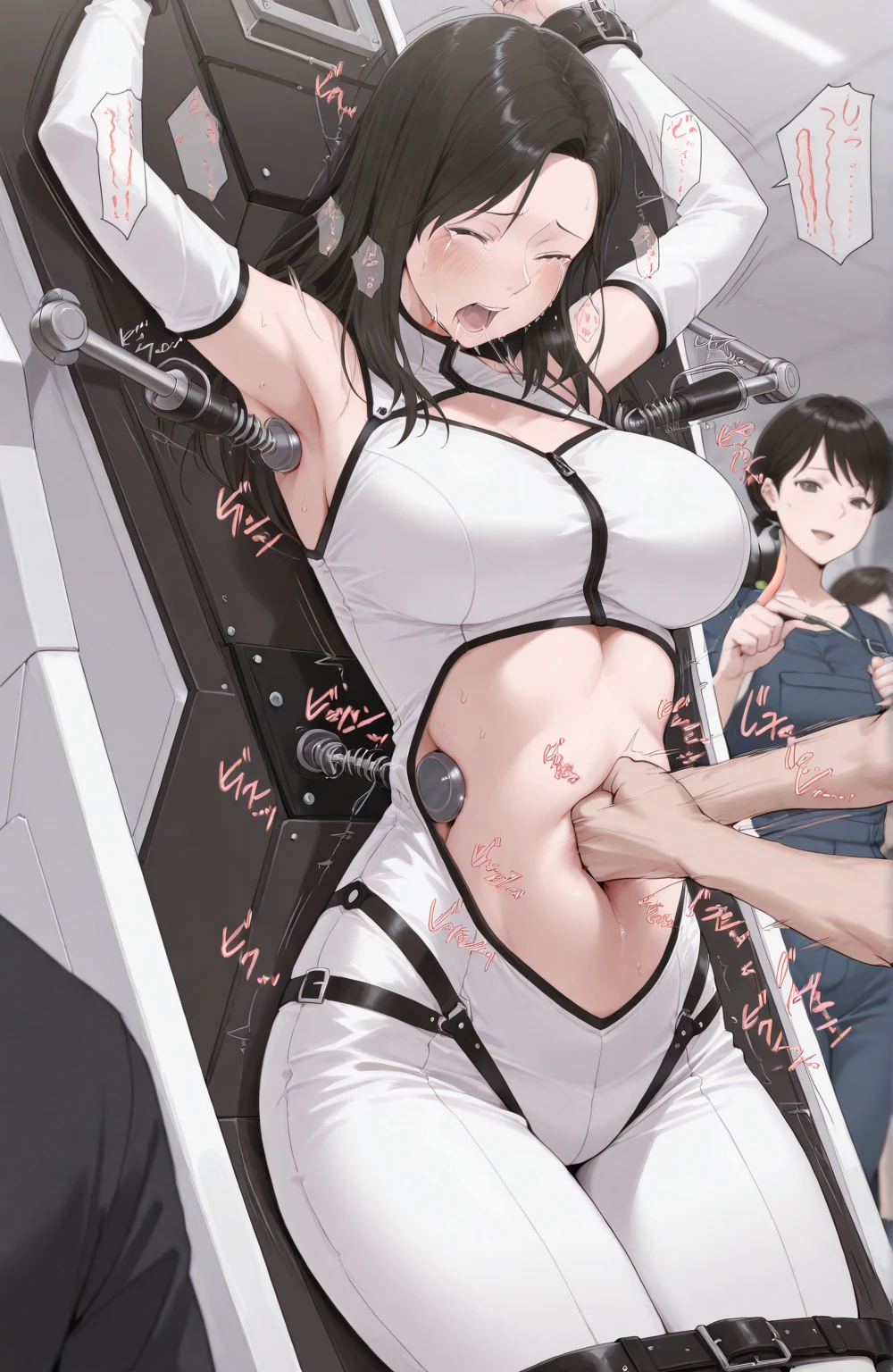 1girl huge large breasts,独奏,White bikini,shackle,BDSM,restrained,sitted,chairs,black har,little tits, Belly Navel,electric chair, teardrop, lightning flashes, , trembling,orgasmc,Barefoot,Red eyes,Obscene water flows from below,White liquid flows out of the mouth