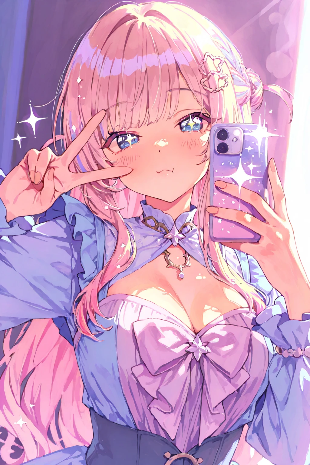 (masterpiece, Highest quality:1.3), (Super detailed:1.2), (hyperRealistic:1.3), (RAW Photos:1.2), High-definition RAW color photos, Professional photos, (PhotoRealistic:1.4), (Realistic:1.4), (Pink Hair:1.5), Professional Lighting, Perfect Anatomy, (Big Breasts:1.2), (blush, Detailed face), (Bright smile:1.5), Trending Hair&Trending Hairカラーをランダムに, Earrings, necklace, bracelet, Sexy, erotic Sexy, Random sexy gravure poses, (Beautiful woman in lavender frilly lingerie、Smiling cutely while holding a stuffed animal in a luxurious bedroom。She has a silver ring on her finger。: 1.3)
