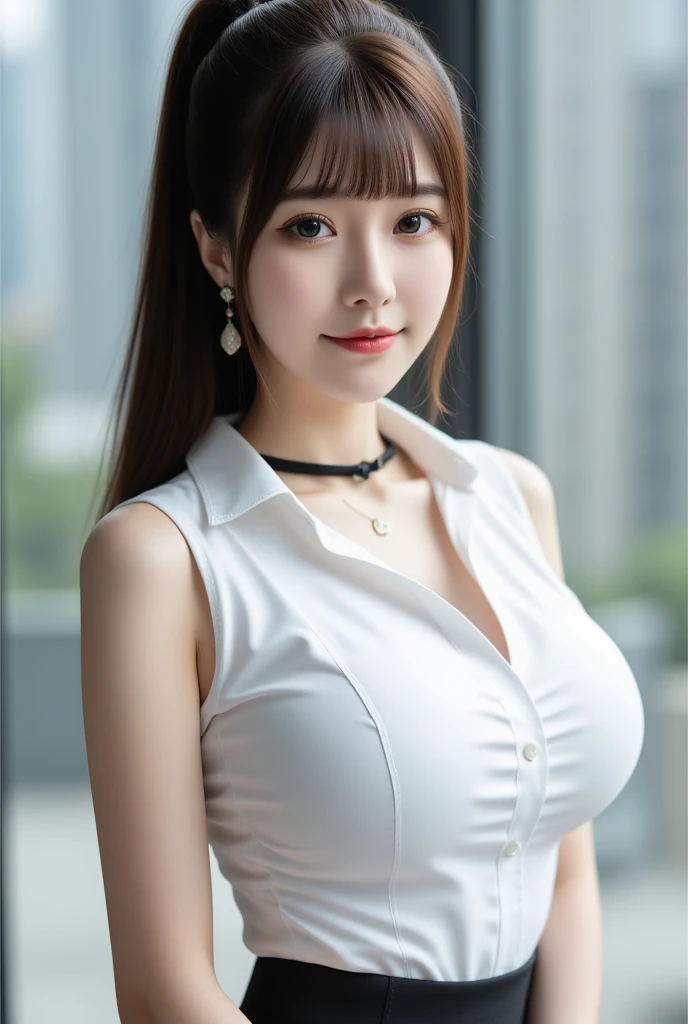 Best Quality, ultra high resolution, (photorealistic:1.4), 1 girl, white off shoulder shirt, black tight skirt, black choker, (black hair up:1), (huge breasts:1.2), looking at the viewer, close up, Beautiful skin, big neckline, submissive look and desire