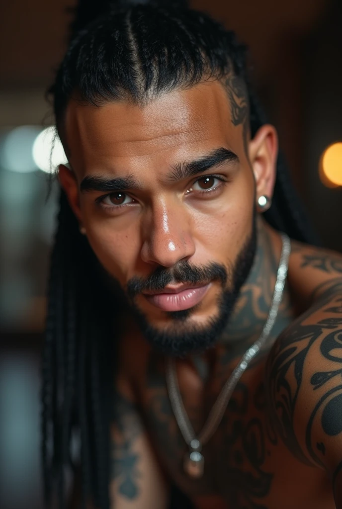 a close up of a man with dreads and tattoos on his chest, mohamed reda, inked, tattooed man, neat beard, short beard, raphael lecoste, detailed beard, thick black beard, badass beard, shaved beard, bearded man, inspired by Volkan Baga, muscular body tattooed, 8 k highly detailed ❤🔥 🔥 💀 🤖 🚀