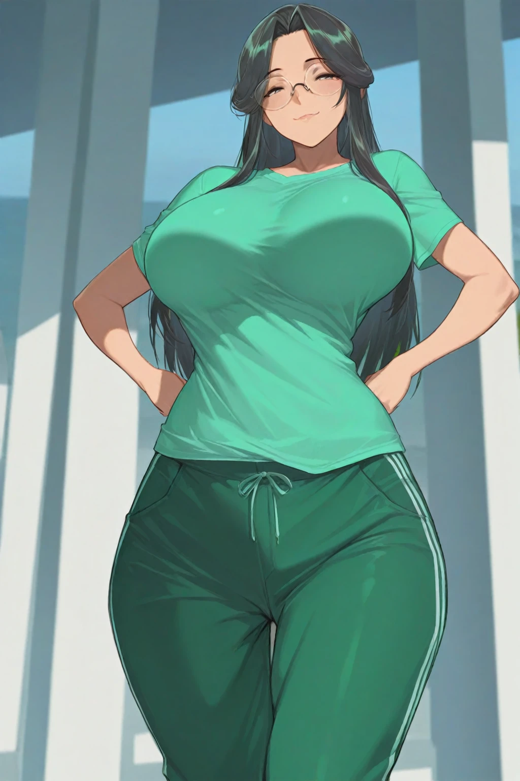 score_9, score_8_up, score_7_up, source_anime, 1girl, solo,
mari setagaya, human-form, 1girl, solo, long hair, looking at viewer, smile, tight shirt barely can hold breasts, red eyes, red hair, fang,
track jacket, indoors, full body, huge round breasts, very thick round thighs, large thighs, very wide hips, big round heart-shaped ass, tight clothes, milf, plumpy thighs, seductive, unzip her jacket, 10'5 feet tall, one hand pinch her nipple