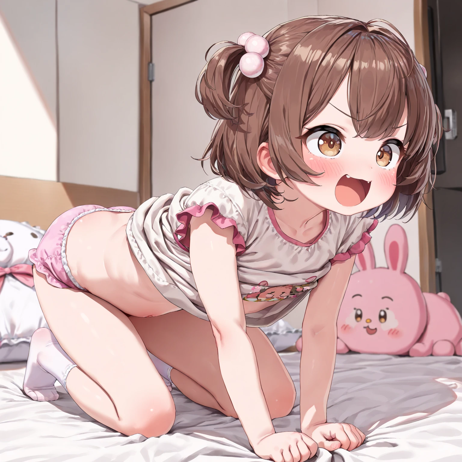 18 year old girl, large eyes, big eyelashes, thin eyebrows, half full cheeks, thick lips, curly brown hair, Brazilian long-sleeved football shirt with number 10, showing the ass, pink panties, long white socks, in pose on all fours