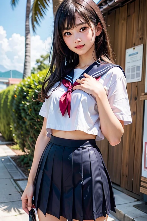 (8k、born、Professional、highest quality、masterpiece:1.2)、(Genuine、Realistic:1.37)、Super detailed、(16-year-old girl's portrait)、(expensiveest Detail Skin:1.2)、(expensiveest detail face:1.2)、1 Female、18-year-old、Black Hair、Long Hair、expensive 、Japanese highschool student、Sailor suit、I lifted up her pleated mini skirt, (Exposing female genitalia.)、(Lower body naked)、Sunset sky、The cityscape at dusk can be seen in the distance、(Feel free to grab the skirt）、（Definitely grab the skirt）、Perfect fingers、perfect genitalia, Shaved,The female genitalia are closed,The female genetalia is stripe only