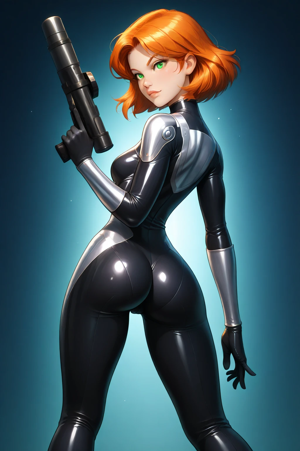 1girl, ((32year old, Wearing a tight blue futuristic sci-fi bodysuit:1.2, utility belt, boots, medium breasts, short orange hair, pony tail styled hair, perfect model body:1.3, detailed blue eyes:1.5, Seductive grin on face, looking from behind:1.2, back shot, ass focus)), 4k textures, raw photo, epic artistic, photoreal art, sharp focus, even lighting, insane details, intricate details, hyperdetailed, rich colors