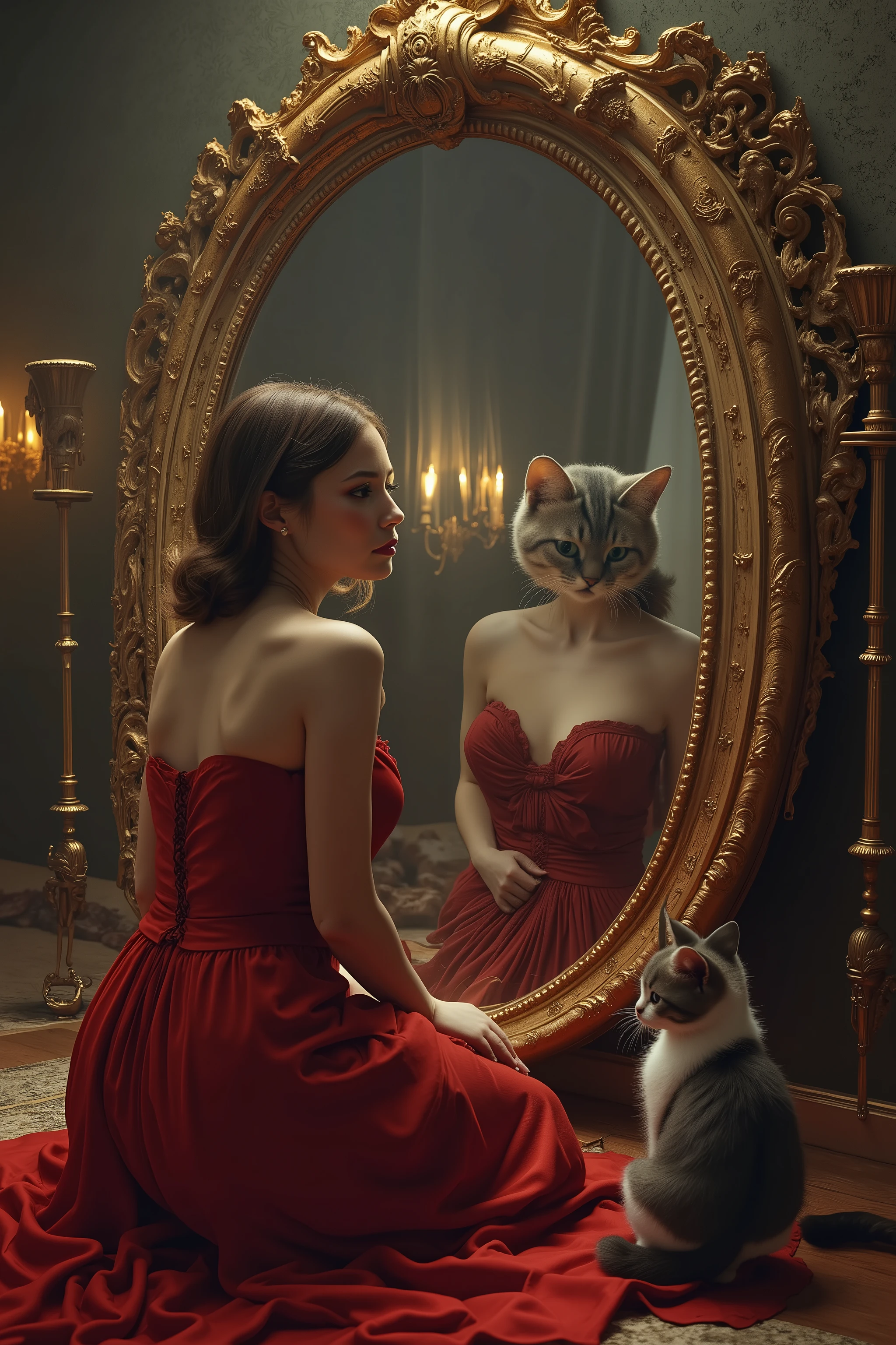 A surreal, whimsical scene features a woman in a deep crimson dress kneeling gracefully before an ornate, gold-framed mirror, her head replaced by a large cats head, 8K, extremely detailed, photorealistic, delicate facial features, mesmerizing gaze, adorable kittens on both sides of the glass, luxurious crimson dress, deep neckline, heavy cleavage, nice legs, makeup, ultra-detailed, ultra-realistic, 8k dramatic lighting, ethereal atmosphere, surreal fantasy, digital art