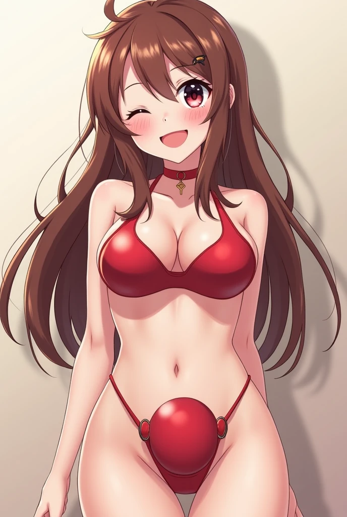 1girl, brown hair, long ponytail brown hair, red eyes, full body, fair skin, busty, large breast, red bikini, white background, sexy pose, standing pose, leaning forward, front view, curvy, smirk