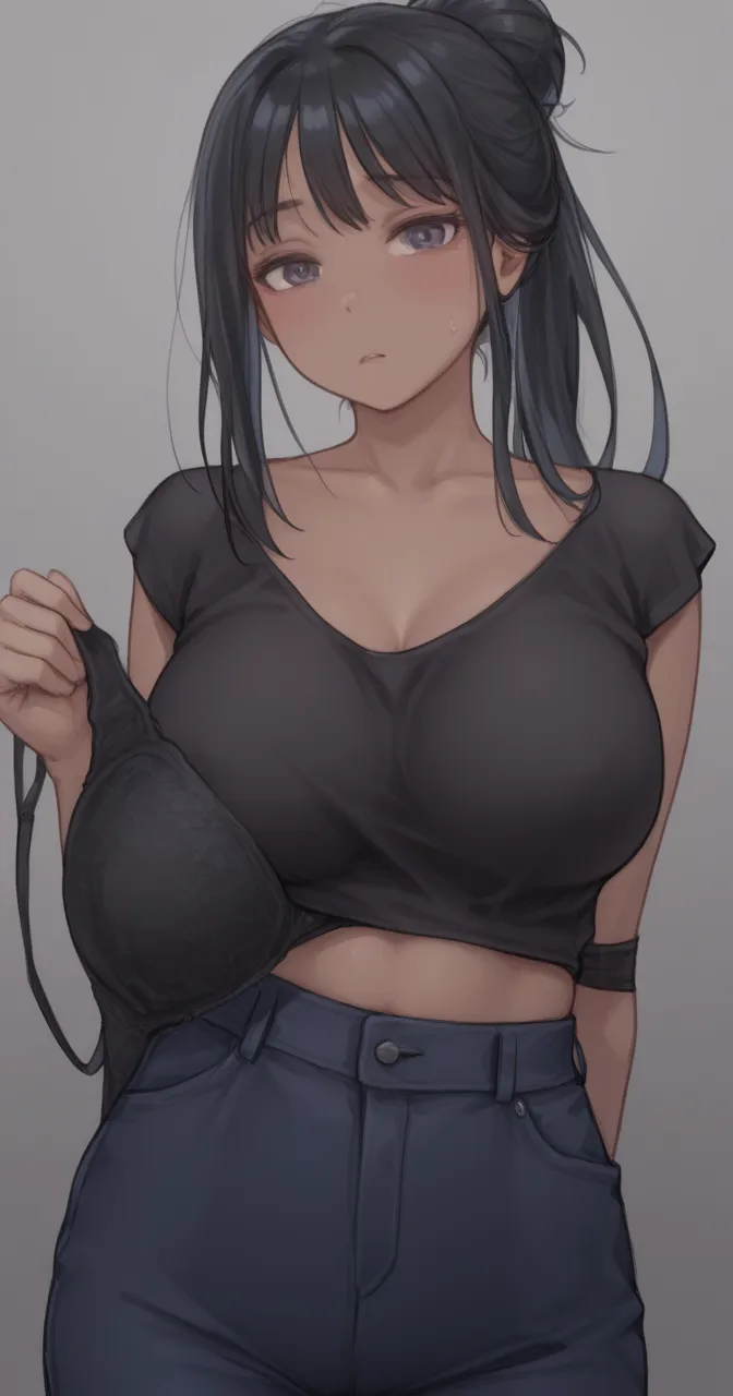 nsfw,2girls,lineup,looking at viewer,black hair,Androgynous,sidelocks,face,breasts out,upper body,breasts out,masterpiece,best quality,very aesthetic,absurdres,light Areola,White skin,tan,big breast,nipples,topless,(Undressing:1.3),open shirt,pants