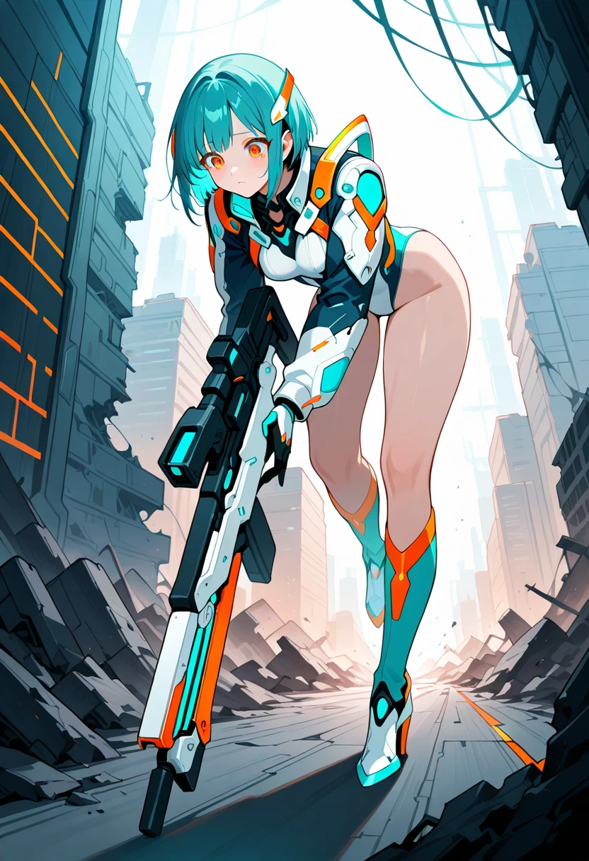 black hairband, cable, cable tail, cropped legs, cyborg, from behind, hair behind ear, hairband, looking back, mechanical arms, mechanical tail, science fiction, shoulder blades, solo, surprised, best quality, amazing quality, very aesthetic, absurdres, (masutepiece:1.2, Best Quality), [1 girl in, expressioness, (Turquoise eyes:1.3), front facing, jet-black hair, half short hair,straight hair, Jacket is taken off, Cafe Apron,] (Gray white background:1.3),