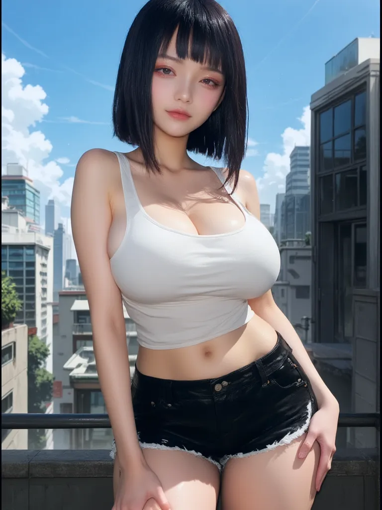 ((Best quality, 8k, Masterpiece :1.3)), Sharp focus :1.2, A pretty woman with perfect figure :1.4, Slender abs :1.2, ((Layered haircut, Big breasts :1.2)), (Tank top shirt :1.1), (Street :1.2), Highly detailed face and skin texture, Detailed eyes, korean girl gets cloned by slime