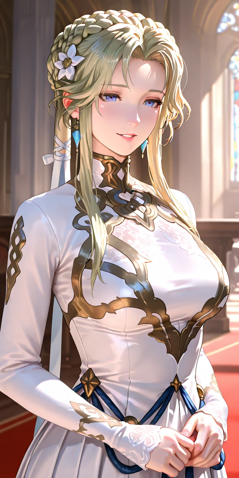 tall woman, half shaved blonde hair, simple short tunic, belrcore