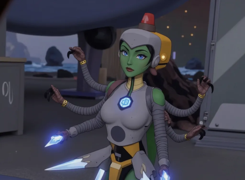 cinematic film still star wars hera syndulla sigh at tequila wolf score_9, score_8_up, score_7_up, score_6_up, score_5_up, score_4_up, ((( hera syndulla ))) wearing wearing armor , blue eyes, tentacle hair, ((( hera syndulla ))) , green skin, colored skin, facial mark, medium breasts, ((black with red trim flame dress skirt)), no pants, bare shoulders, guantlets, hip armor, skirt, pants, brown boots, solo, seductively lying on bed in her lingerie, nude ,seductive smile, looking at viewer, indoors