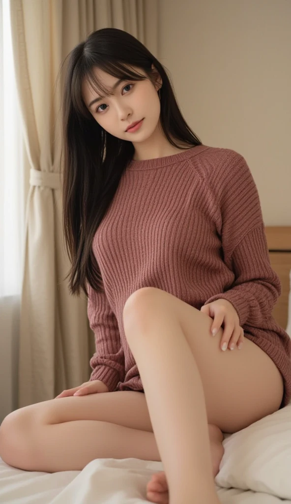 1 girl、14-year-old girl、Baby Face、Black hair straight(Cute Hair Styling)、clothing(Black off-the-shoulder dress、(I can see your underwear),((Small and very slim build))、Skinny Legani Cure、Earrings、Pink Lip、picture、Lifelike、((Sexual))、Highest quality、adopt、Detailed face、Detailed Background、Depth of written boundary、whole body viewing angle、Sit on the carpet、Sexual、solo、night