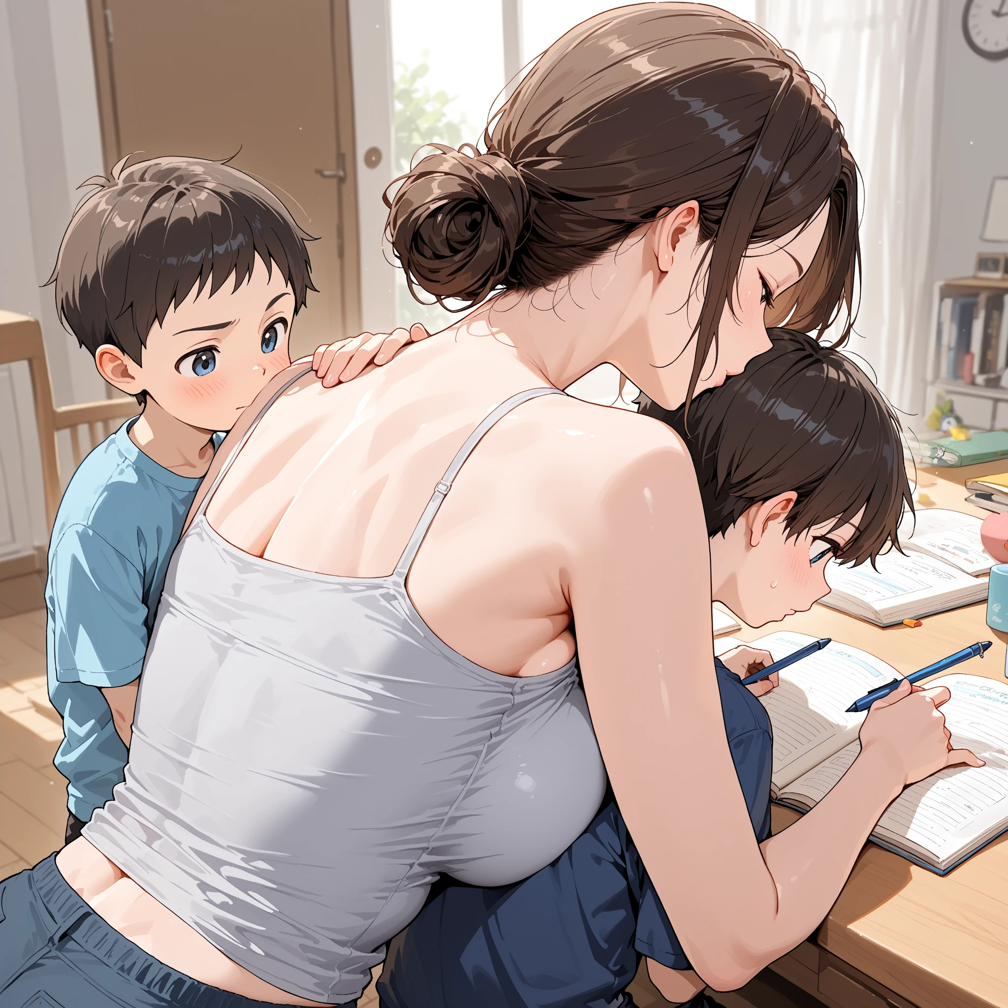 score_9, score_8_up, score_7_up, source_anime, 1boy, 1girl, mature female , mother and son, ???, (son is helping mom to undress)