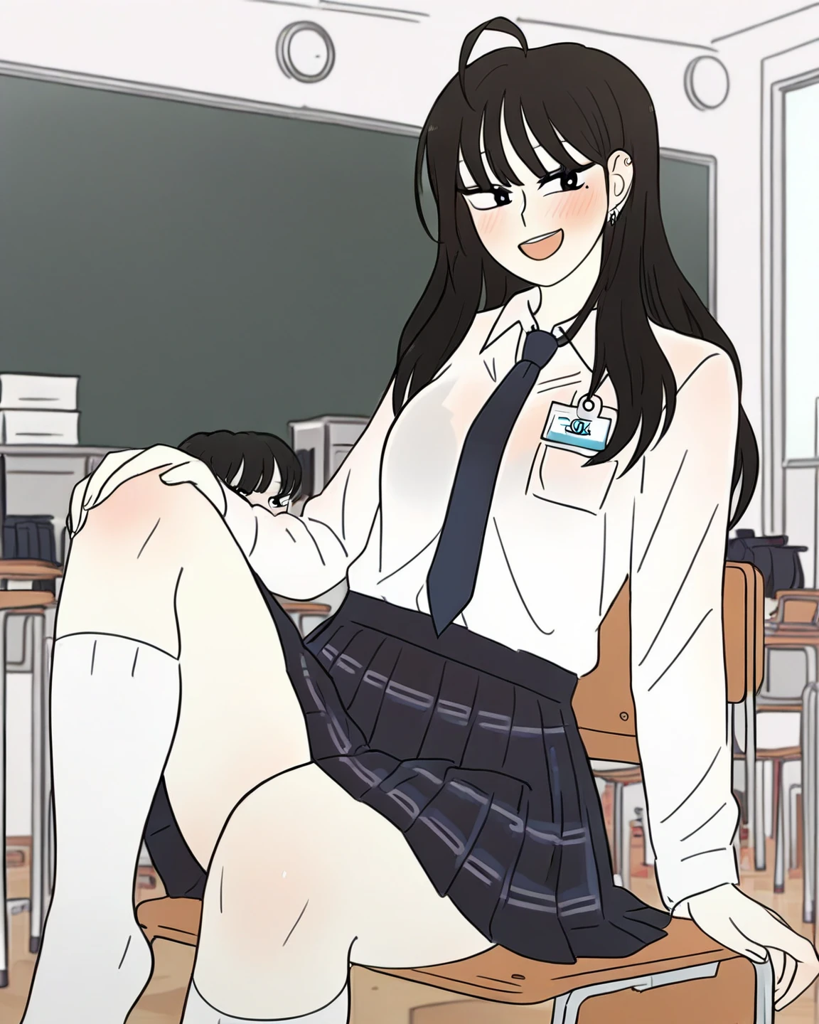 (1980s style, cel anime, retro art style, clean brush stroke, highly detailed, perfect anatomy, NSFW), class room background, 1girl (solo:1.5), eyebrows visible through hair, bangs, dark brown hair, blue eyes, down turned eyes (sanpakugan:0.0), half open eyes (beautiful detailed eyes:1.0), looking at viewer, open mouth (stick out tongue:1.5), (orgasm:1.2), slouch, crouching, red thin bow tie, white shirt, dark blue blazer (open clothes:1.4), dark blue skirt (lift by myself:1.2), black pantyhose (lift off:1.4), female masturbation (crotch rub:1.3), pussy juice, school uniform,