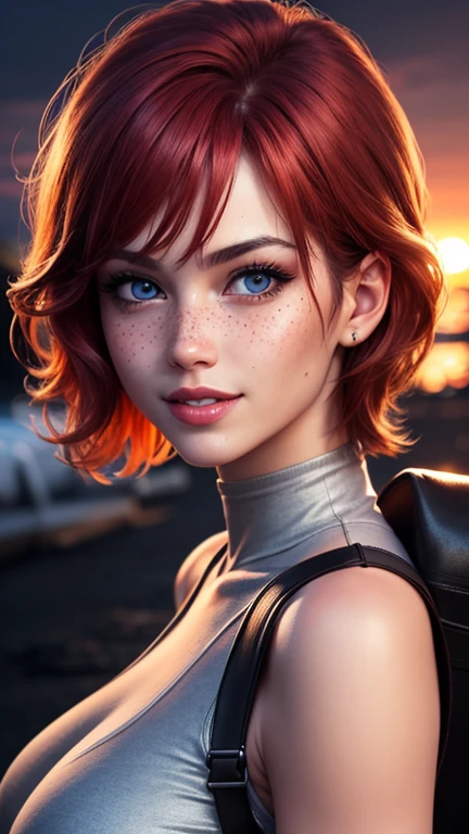 wlop, masterpiece, best quality, tomboy, short hair, redhead, crop top, realistic, stunningly attractive, medium breasts, portrait, (aroused:1.3)
