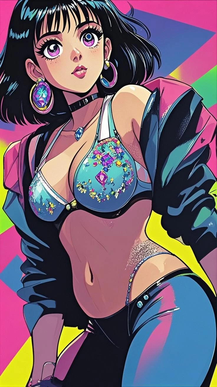 Model: short dark blue hair, full dark lips, Smoky eyes, shiny skin, space buns hairstyle, chloe price, elegant makeup, BREAK, Setting: Room with black light, Broken glass, Crystals reflect light, neon lights, BREAK, bodypaint: Polychromatic geometric patterns, Torso cover, Arms and legs, tattoos BREAK, Accessories: Chrome-plated chains with torn body, Silver Choker BREAK, the pose: on a bed,The head is tilted upwards, looking forward. up close, hair in buns