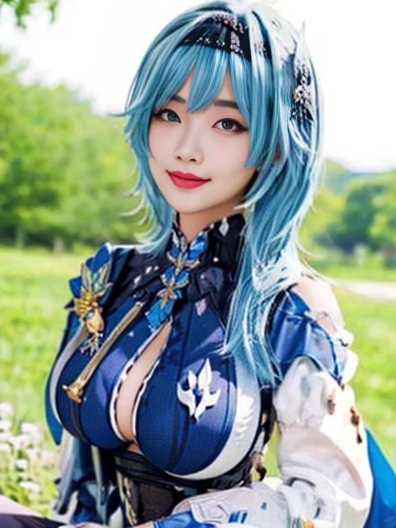 (masterpiece), Best Quality, Ultra-detailed, illustartion, raw photo, warm lighting, soft-lighting, Bright colors, 1 girl, solo,( handsome girl, Long hair, blue eyes, hat, white and blue hair, Hair between the eyes, side locks, medium hair, Her hair is disheveled,) , autumn, Lots of maples, Maple leaves, Golden Leaves, Colored leaves, Dry leaves, rivers,  Refreshing air,  peace, Cool breeze, sunset Autumn, sexly, lustful, blushing), huge breasts