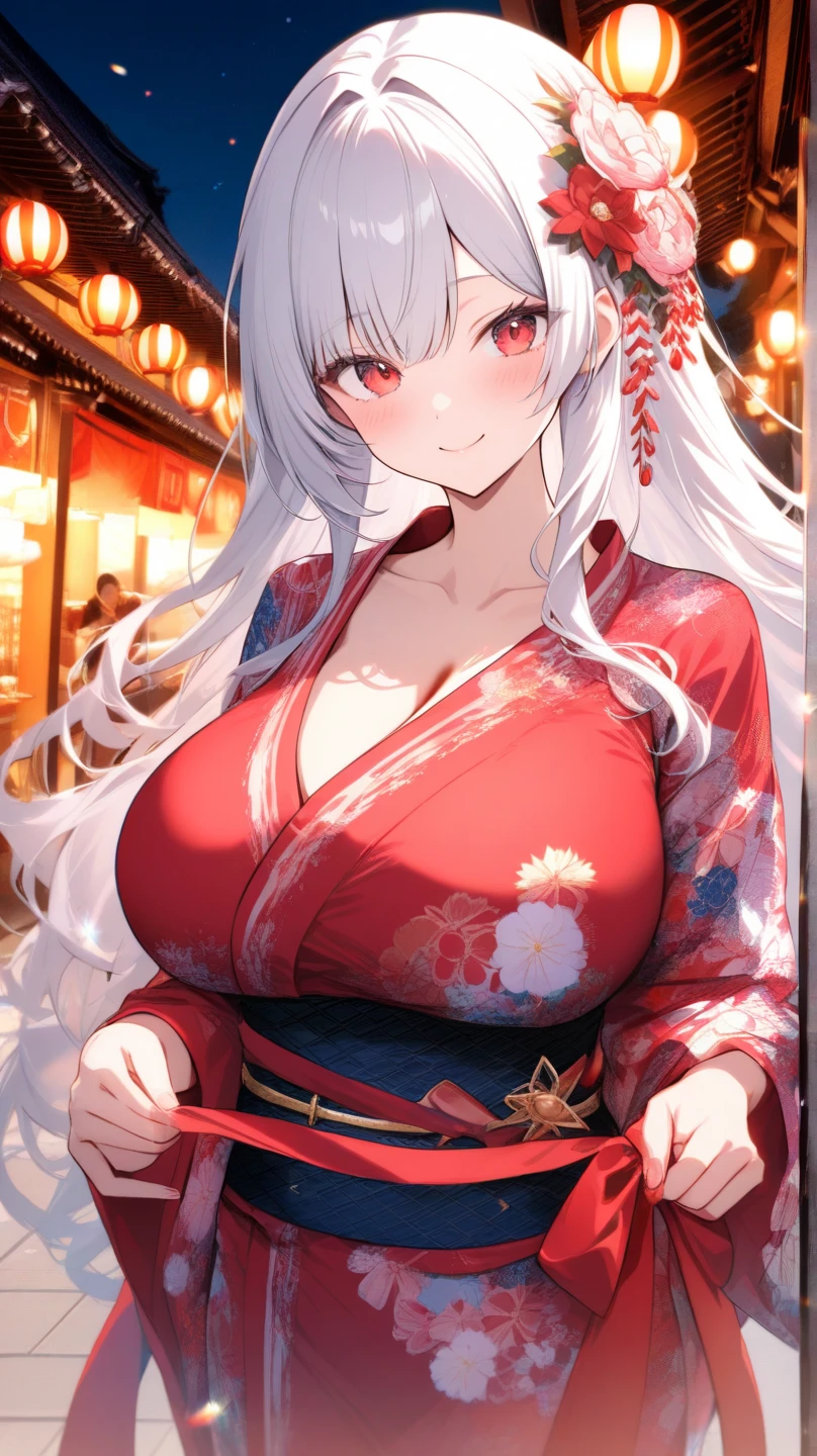 (((masterpiece, best quality))), (((superior quality))), cute girl, ((extremely detailed girl)), ((huge breasts)), yukata, bare shoulders, strapless top, long silver hair, happy