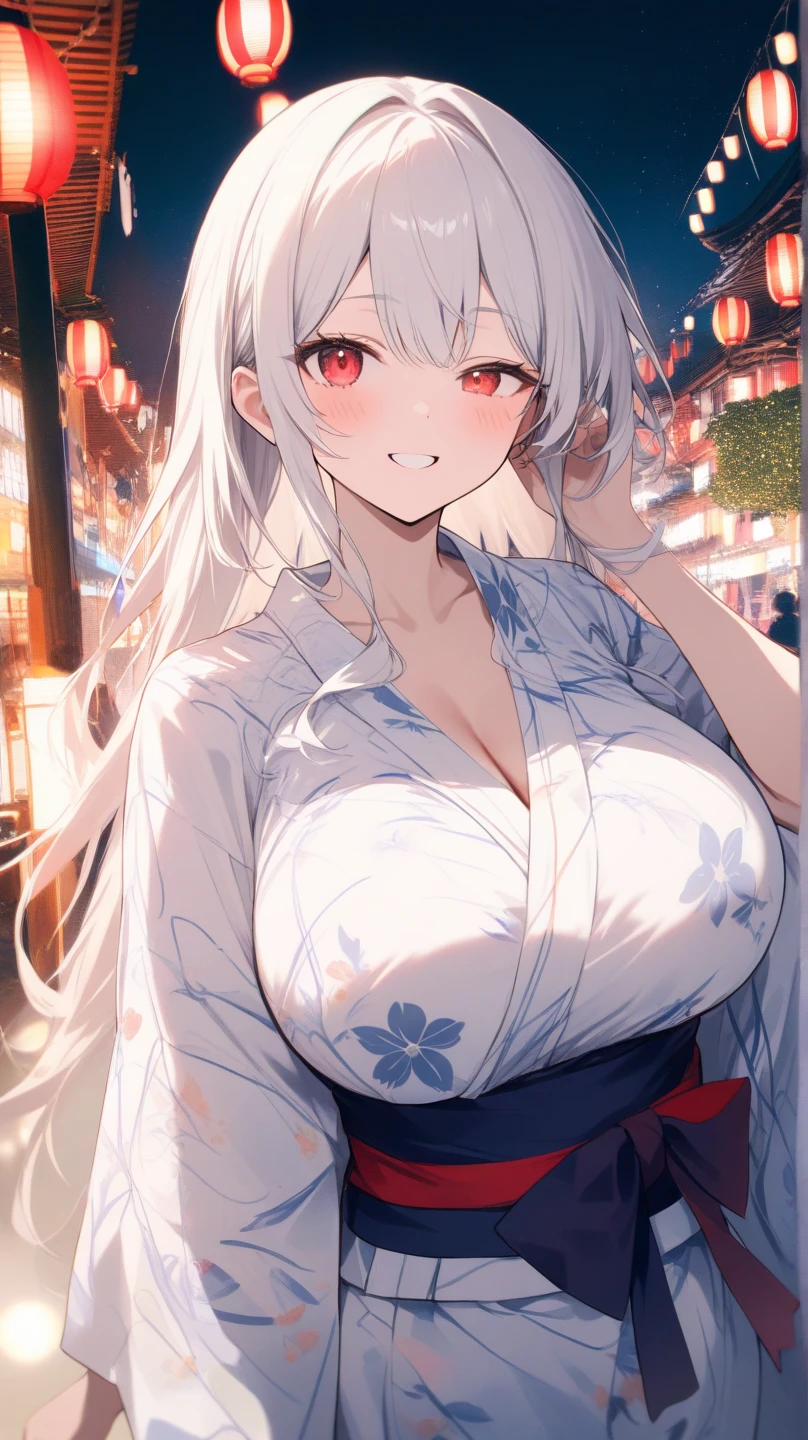 score_9, score_8_up, score_7_up, source_anime, (masterpiece), best quality, expressive eyes, perfect eyes, perfect face, oni girl, oni horns, red eyes, soft lips, long hair, very long hair, wide hips, (white hair:1.2), (white eyebrows:1), (white eyelashes:1), medium breasts:0.5, higuchi madoka, big breasts:0.3, standing, background: City, white kimono, off-shoulder, fur-trim, black hakama, short skirt