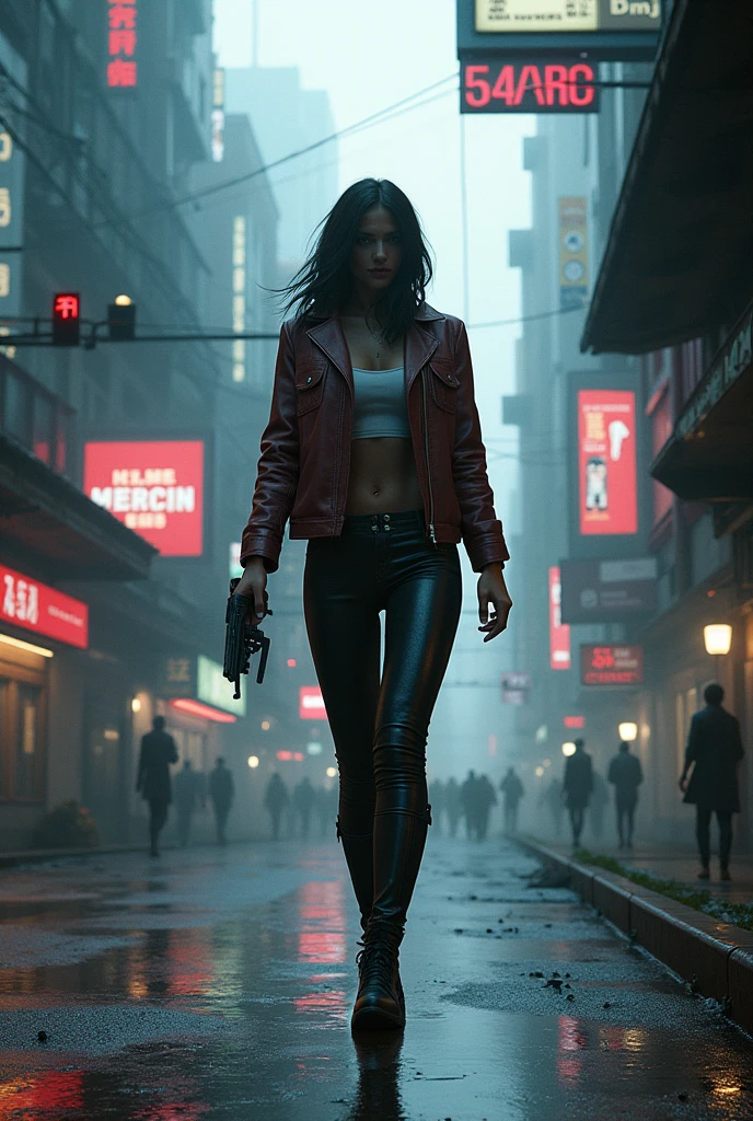 Close-up, neve, blade runner aesthetics, Jantar Blade Runner, uma young jennifer connelly muito bonita, com roupas cyberpunk em uma cidade cyberpunk movimentada com placas de neon, neon lights, foco nítido, Studio photo, detalhes intrincados, altamente detalhado, profundidade de campo, foco nítido, High detail, textura de pele realista, Realistic, fotorrealista, Arte Digital, tinta escura, Directed by: Greg Rutkowski