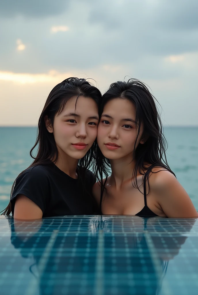 Three smiling girls, Summer Sea, Blowing in the wind for a long time [Blue-black:.3] hair,View Audience, (masterpiece:1.3), (8K, Realistic, RAW Photos, Highest quality: 1.4), Japanese, (One Girl), Beautiful Face, (Realistic Face), beautiful hairstyle, Realistic eyes, Beautiful details, (Realistic Skin), Beautiful Skin, charm, Ultra-high resolution, Ultra-realistic, Very detailed, (Selfie:1.2), (scenery:1.2)