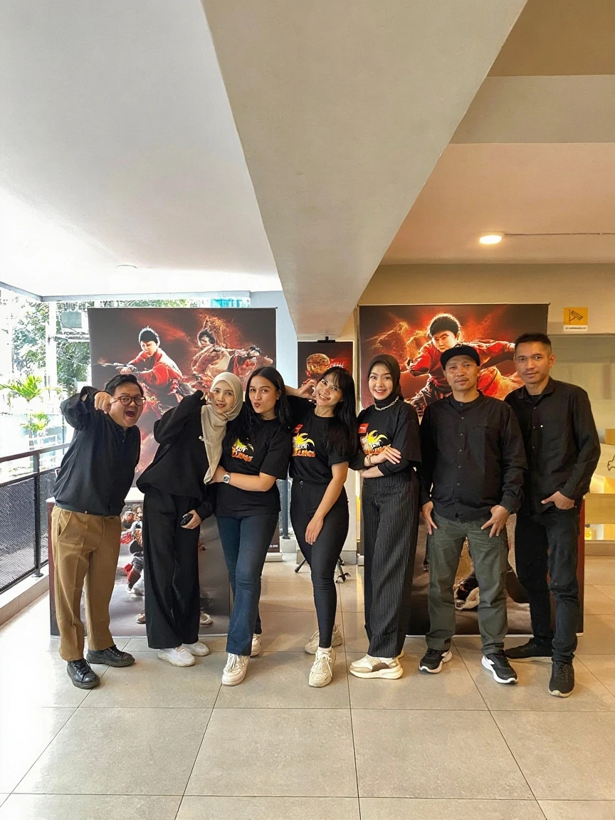 Photo of a group of people smiling and working in a relaxed environment. Unreal Engine, ZbrushArte 3DVray,Brilho particular,After Effect,Optical flares --niji 5 --expressive style --s 400